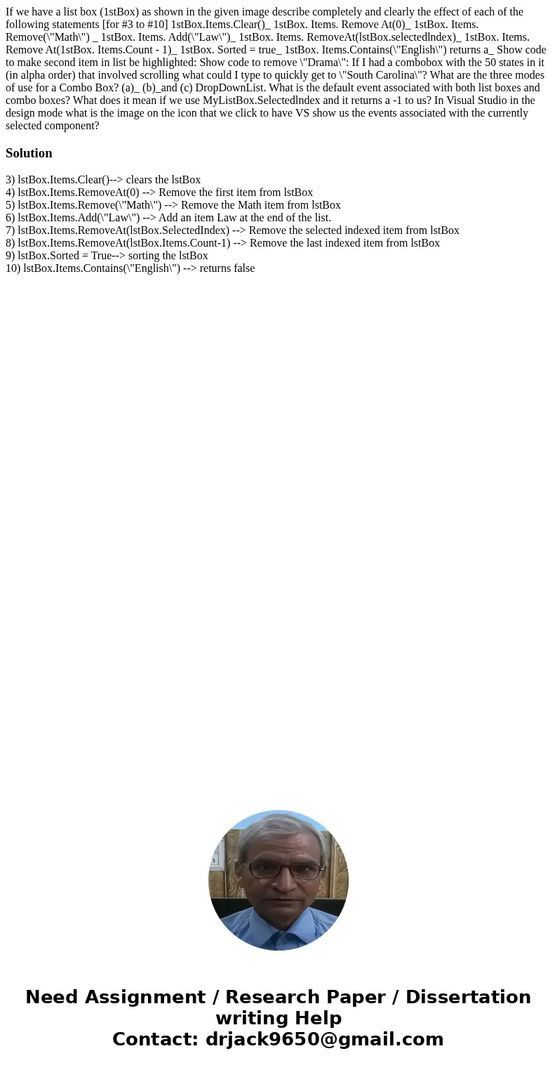  If we have a list box (1stBox) as shown in the given image describe completely and clearly the effect of each of the following statements [for #3 to #10] 1stBo