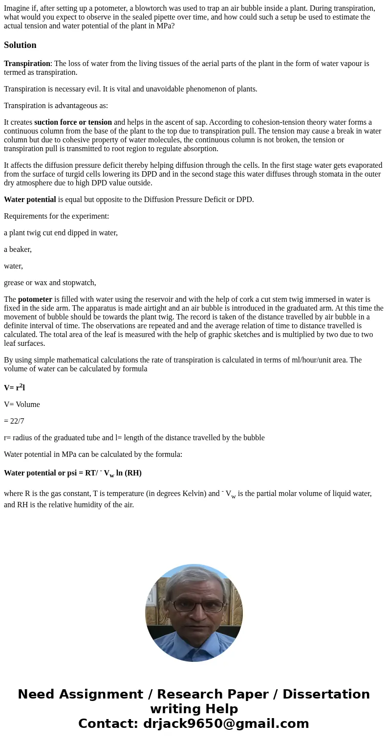 Imagine if, after setting up a potometer, a blowtorch was used to trap an air bubble inside a plant. During transpiration, what would you expect to observe in t Imagine if, after setting up a potometer, a blowtorch was used to trap an air bubble inside a plant. During transpiration, what would you expect to observe in t