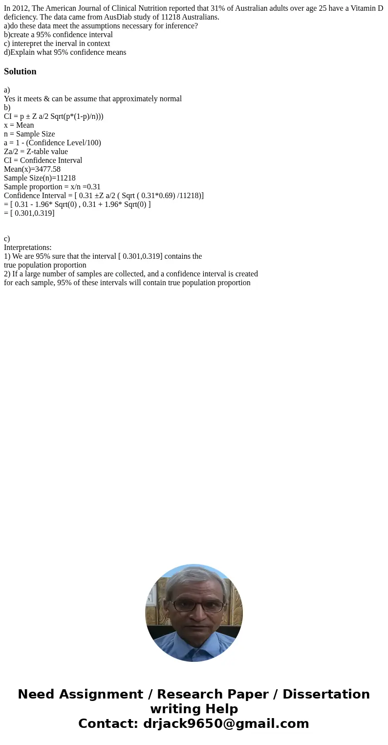 In 2012, The American Journal of Clinical Nutrition reported that 31% of Australian adults over age 25 have a Vitamin D deficiency. The data came from AusDiab s In 2012, The American Journal of Clinical Nutrition reported that 31% of Australian adults over age 25 have a Vitamin D deficiency. The data came from AusDiab s