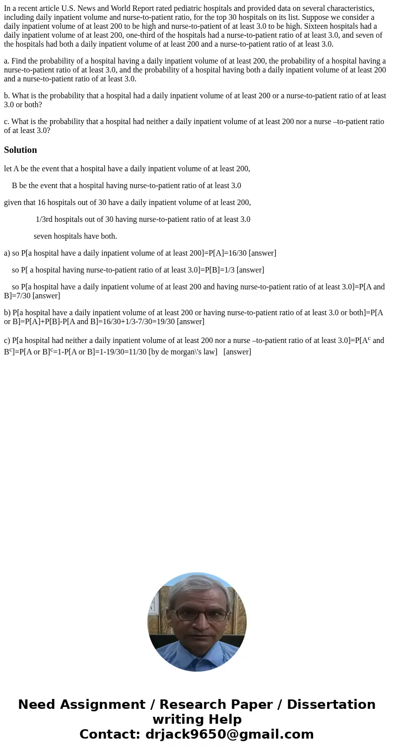 In a recent article U.S. News and World Report rated pediatric hospitals and provided data on several characteristics, including daily inpatient volume and nurs