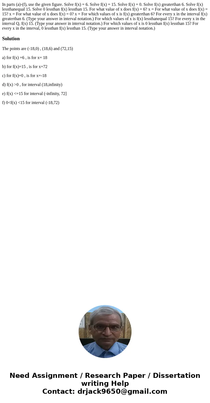 In parts (a)-(f), use the given figure. Solve f(x) = 6. Solve f(x) = 15. Solve f(x) = 0. Solve f(x) greaterthan 6. Solve f(x) lessthanequal 15. Solve 0 lesstha  In parts (a)-(f), use the given figure. Solve f(x) = 6. Solve f(x) = 15. Solve f(x) = 0. Solve f(x) greaterthan 6. Solve f(x) lessthanequal 15. Solve 0 lesstha