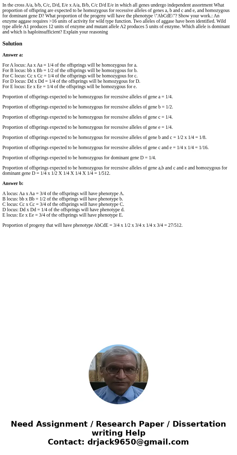 In the cross A/a, b/b, C/c, D/d, E/e x A/a, B/b, C/c D/d E/e in which all genes undergo independent assortment What proportion of offspring are expected to be   In the cross A/a, b/b, C/c, D/d, E/e x A/a, B/b, C/c D/d E/e in which all genes undergo independent assortment What proportion of offspring are expected to be