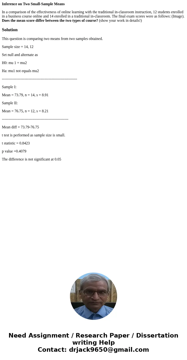 Inference on Two Small-Sample Means In a comparison of the effectiveness of online learning with the traditional in-classroom instruction, 12 students enrolled  Inference on Two Small-Sample Means In a comparison of the effectiveness of online learning with the traditional in-classroom instruction, 12 students enrolled