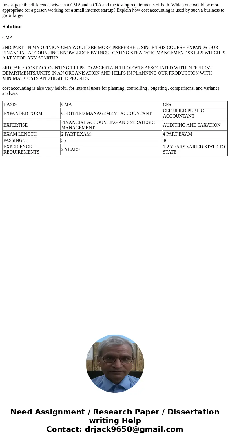 Investigate the difference between a CMA and a CPA and the testing requirements of both. Which one would be more appropriate for a person working for a small in Investigate the difference between a CMA and a CPA and the testing requirements of both. Which one would be more appropriate for a person working for a small in