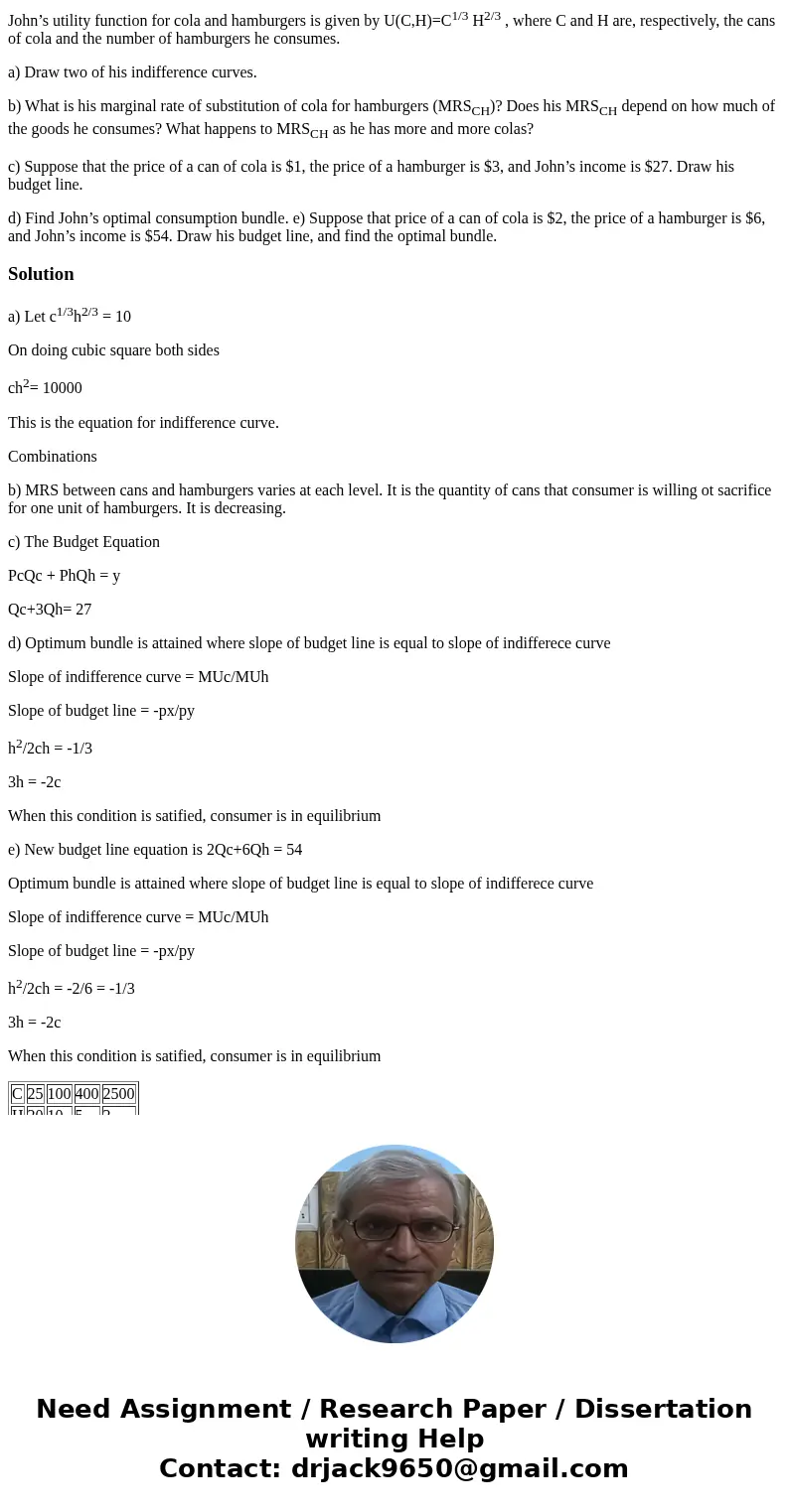 John’s utility function for cola and hamburgers is given by U(C,H)=C1/3 H2/3 , where C and H are, respectively, the cans of cola and the number of hamburgers he John’s utility function for cola and hamburgers is given by U(C,H)=C1/3 H2/3 , where C and H are, respectively, the cans of cola and the number of hamburgers he