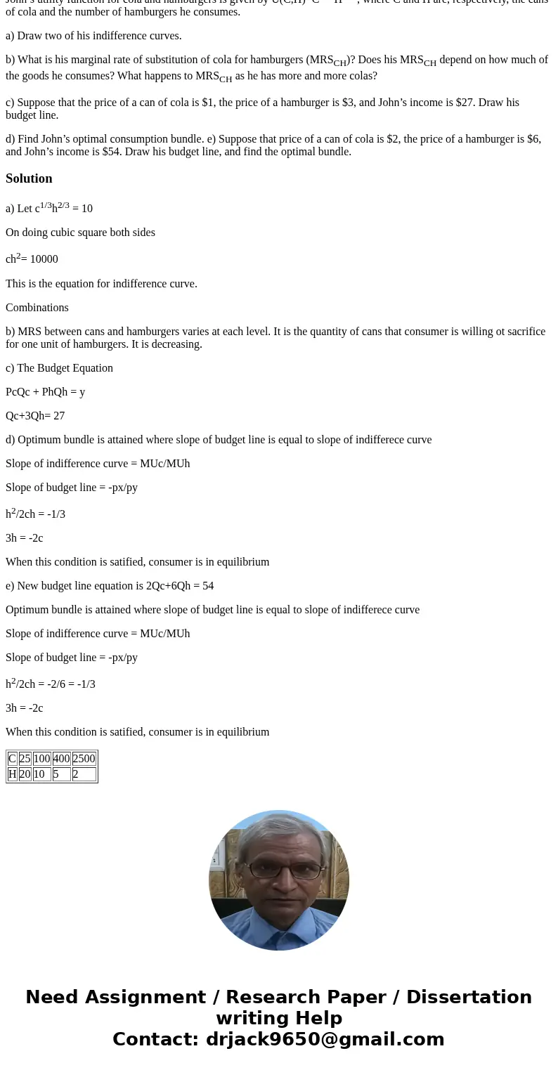 John’s utility function for cola and hamburgers is given by U(C,H)=C1/3 H2/3 , where C and H are, respectively, the cans of cola and the number of hamburgers he John’s utility function for cola and hamburgers is given by U(C,H)=C1/3 H2/3 , where C and H are, respectively, the cans of cola and the number of hamburgers he