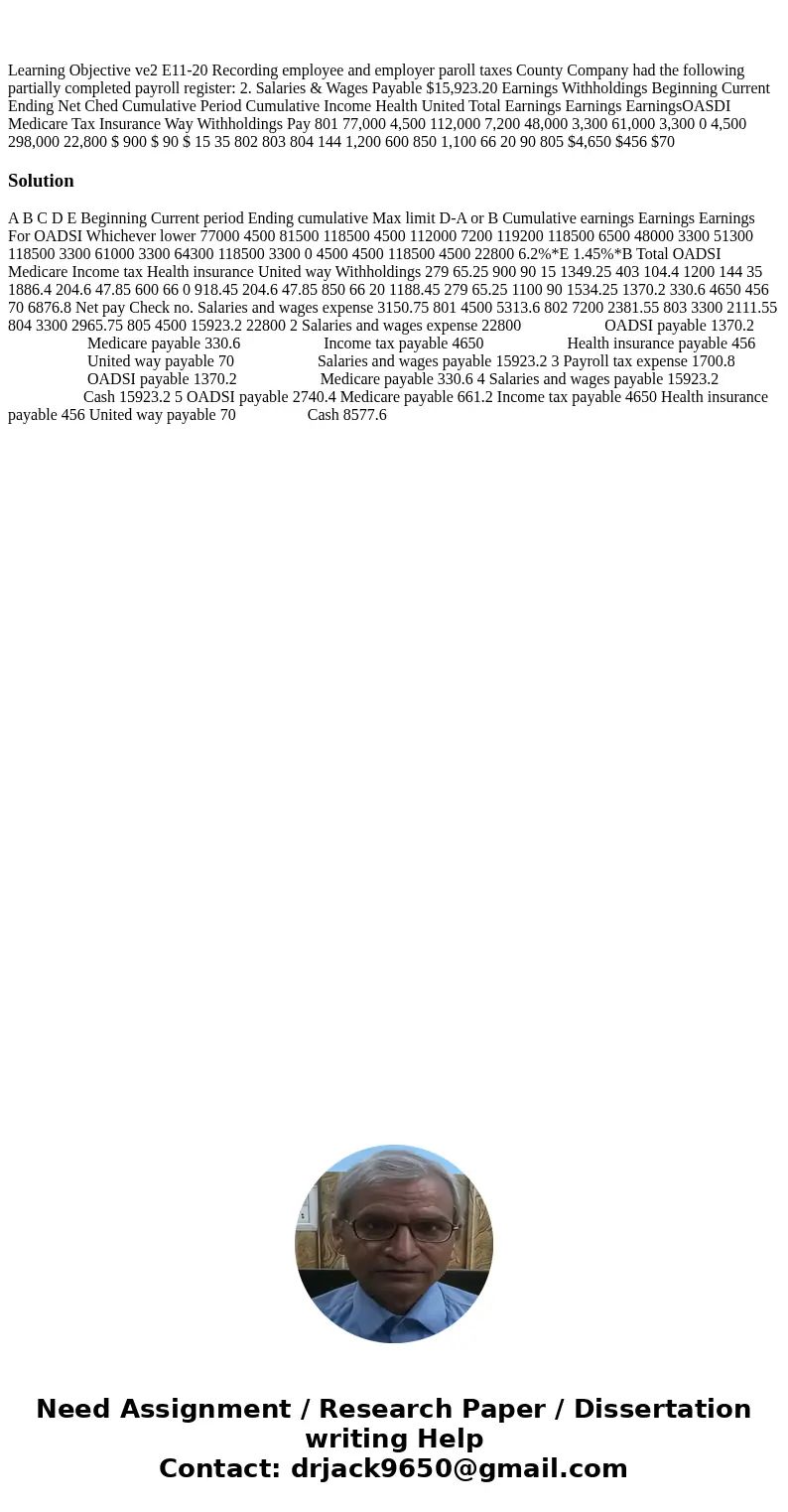  Learning Objective ve2 E11-20 Recording employee and employer paroll taxes County Company had the following partially completed payroll register: 2. Salaries &