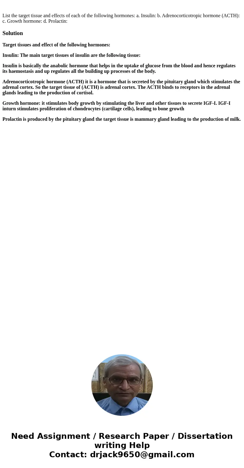 List the target tissue and effects of each of the following hormones: a. Insulin: b. Adrenocorticotropic hormone (ACTH): c. Growth hormone: d. Prolactin:Soluti  List the target tissue and effects of each of the following hormones: a. Insulin: b. Adrenocorticotropic hormone (ACTH): c. Growth hormone: d. Prolactin:Soluti