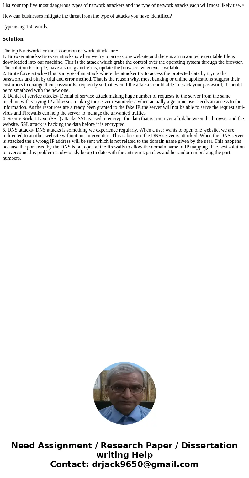 List your top five most dangerous types of network attackers and the type of network attacks each will most likely use. • How can businesses mitigate the threat List your top five most dangerous types of network attackers and the type of network attacks each will most likely use. • How can businesses mitigate the threat