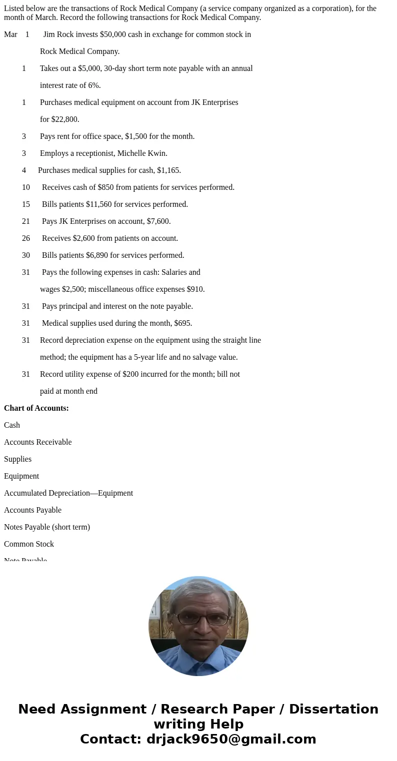 Listed below are the transactions of Rock Medical Company (a service company organized as a corporation), for the month of March. Record the following transacti Listed below are the transactions of Rock Medical Company (a service company organized as a corporation), for the month of March. Record the following transacti