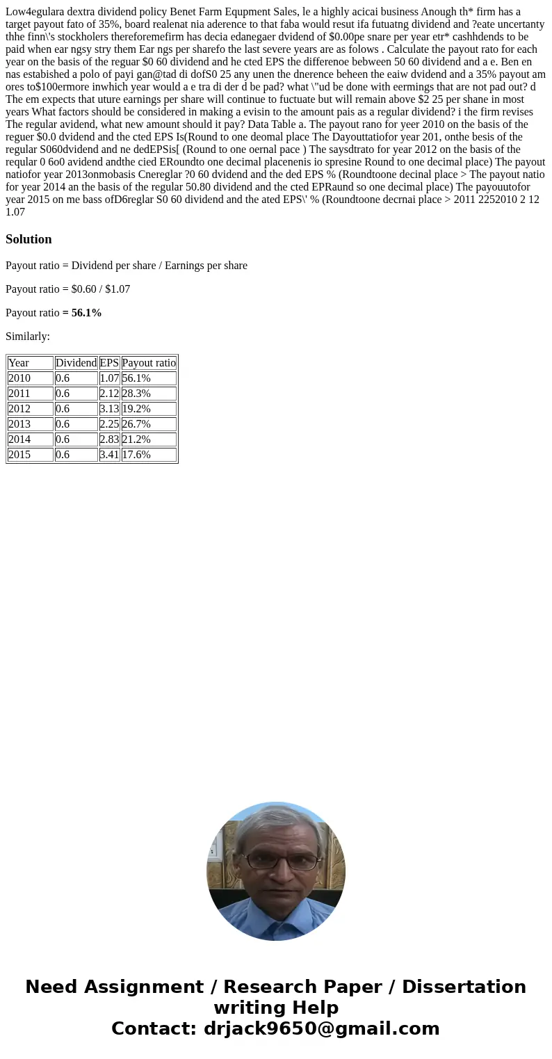 Low4egulara dextra dividend policy Benet Farm Equpment Sales, le a highly acicai business Anough th* firm has a target payout fato of 35%, board realenat nia a  Low4egulara dextra dividend policy Benet Farm Equpment Sales, le a highly acicai business Anough th* firm has a target payout fato of 35%, board realenat nia a