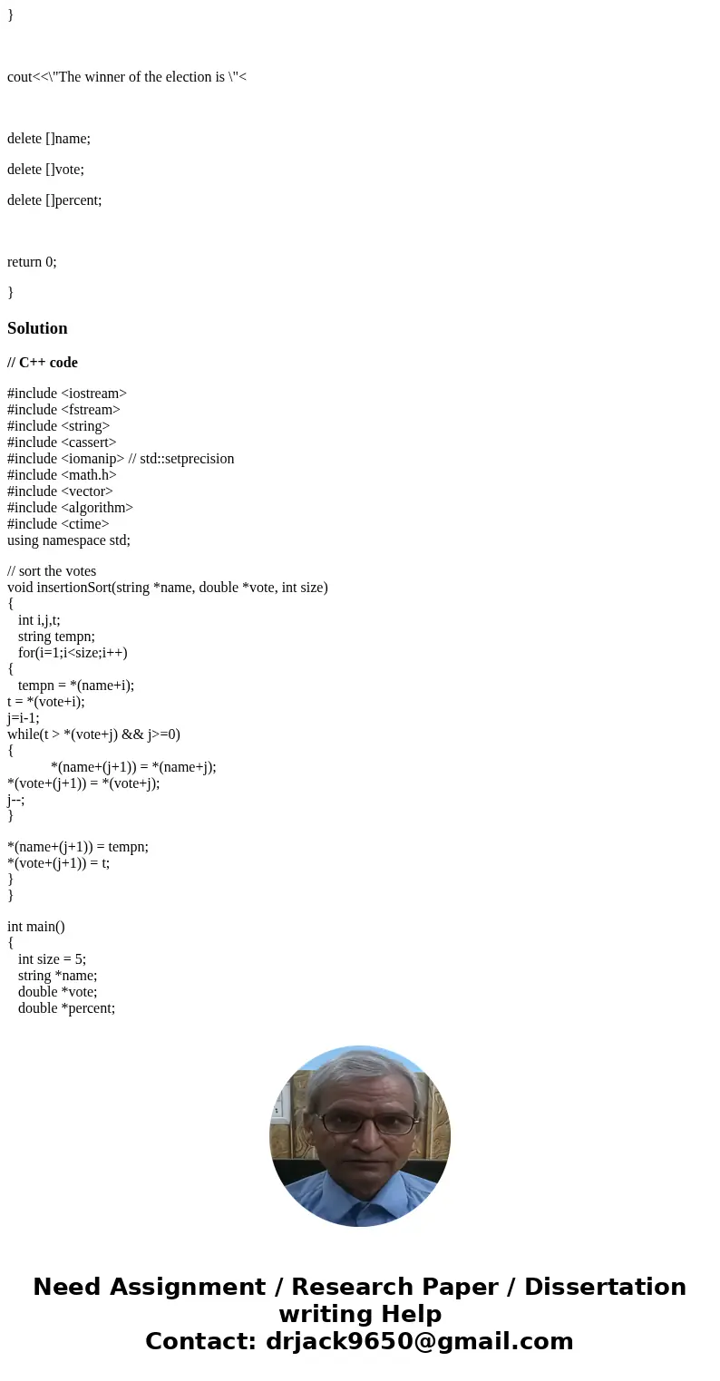 Make modification to the following C++ code to so that insertion sorting TO DISPLAY THE RESULTS IN DESCENDING ORDER AS SHOWN BELOW: Please input candidate 1 nam Make modification to the following C++ code to so that insertion sorting TO DISPLAY THE RESULTS IN DESCENDING ORDER AS SHOWN BELOW: Please input candidate 1 nam