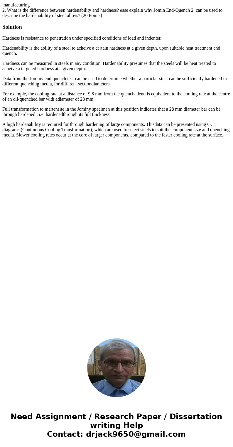manufacturing 2. What is the difference between hardenability and hardness? ease explain why Jomin End-Quench 2. can be used to describe the hardenability of st