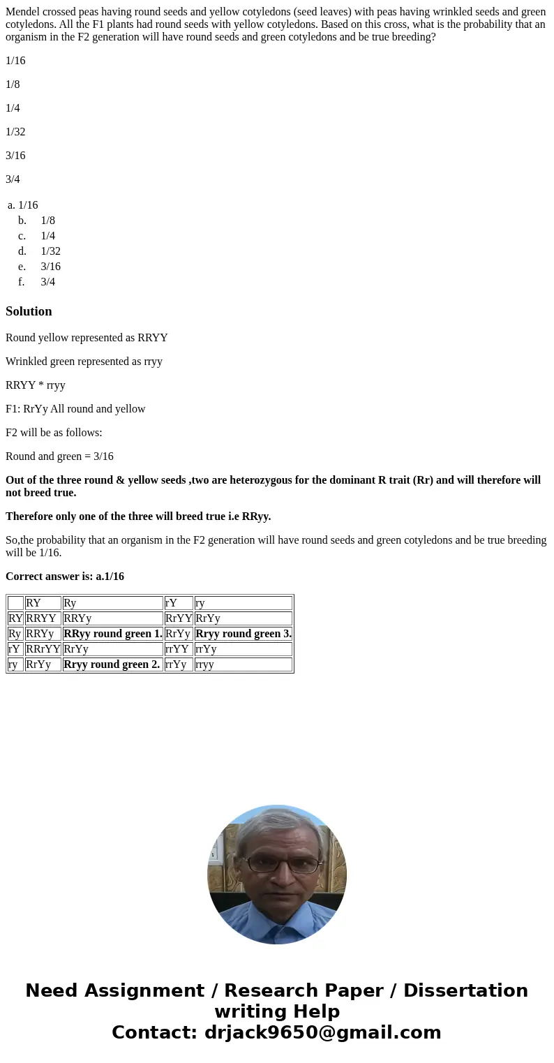 Mendel crossed peas having round seeds and yellow cotyledons (seed leaves) with peas having wrinkled seeds and green cotyledons. All the F1 plants had round see Mendel crossed peas having round seeds and yellow cotyledons (seed leaves) with peas having wrinkled seeds and green cotyledons. All the F1 plants had round see
