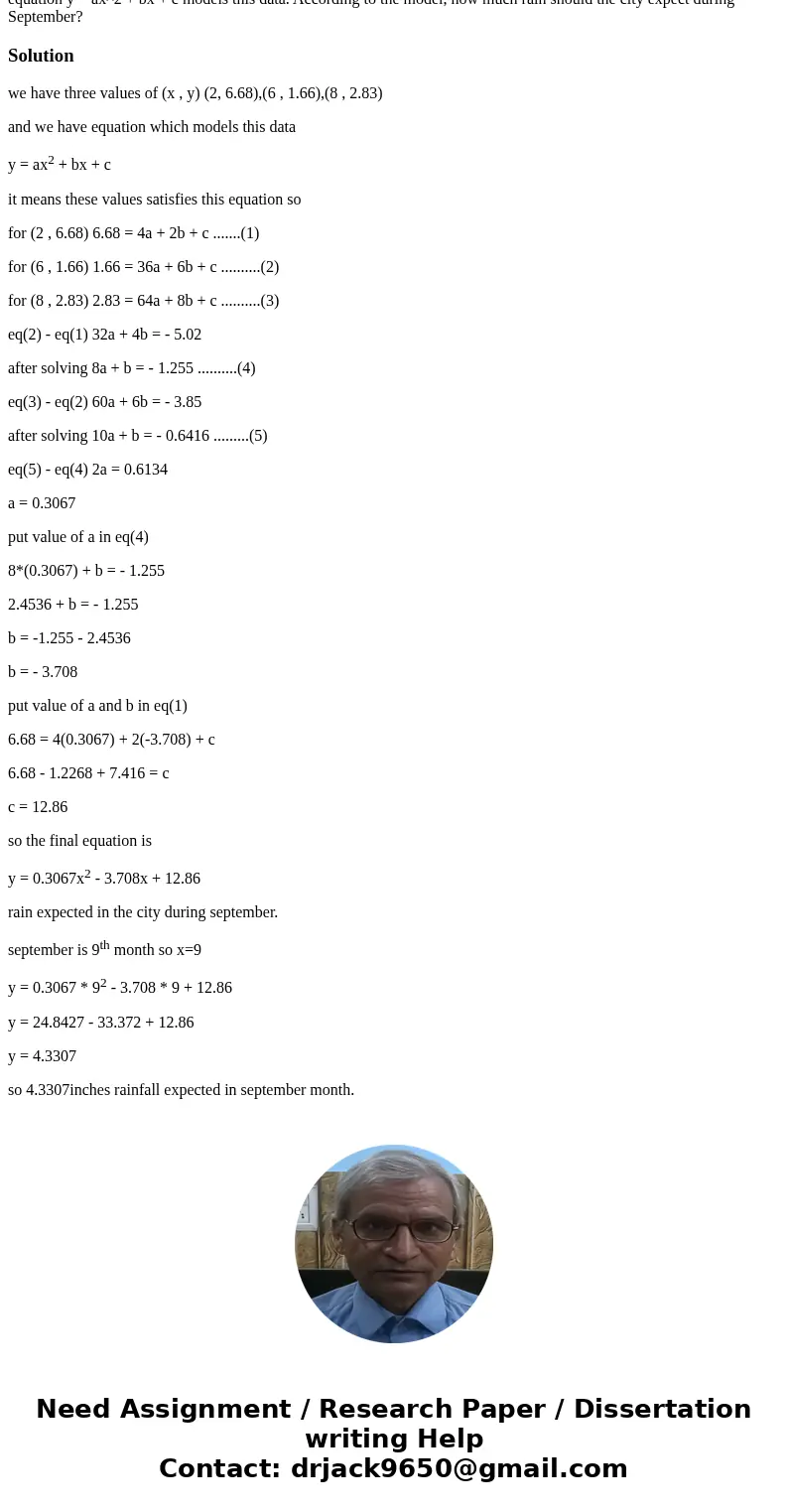 Monthly normal rainfall data (x , y) for a particular city are (2 , 6.68), (6 , 1.66), (8 , 2.83), where x represents time in months (with x = 1 representing Ja Monthly normal rainfall data (x , y) for a particular city are (2 , 6.68), (6 , 1.66), (8 , 2.83), where x represents time in months (with x = 1 representing Ja