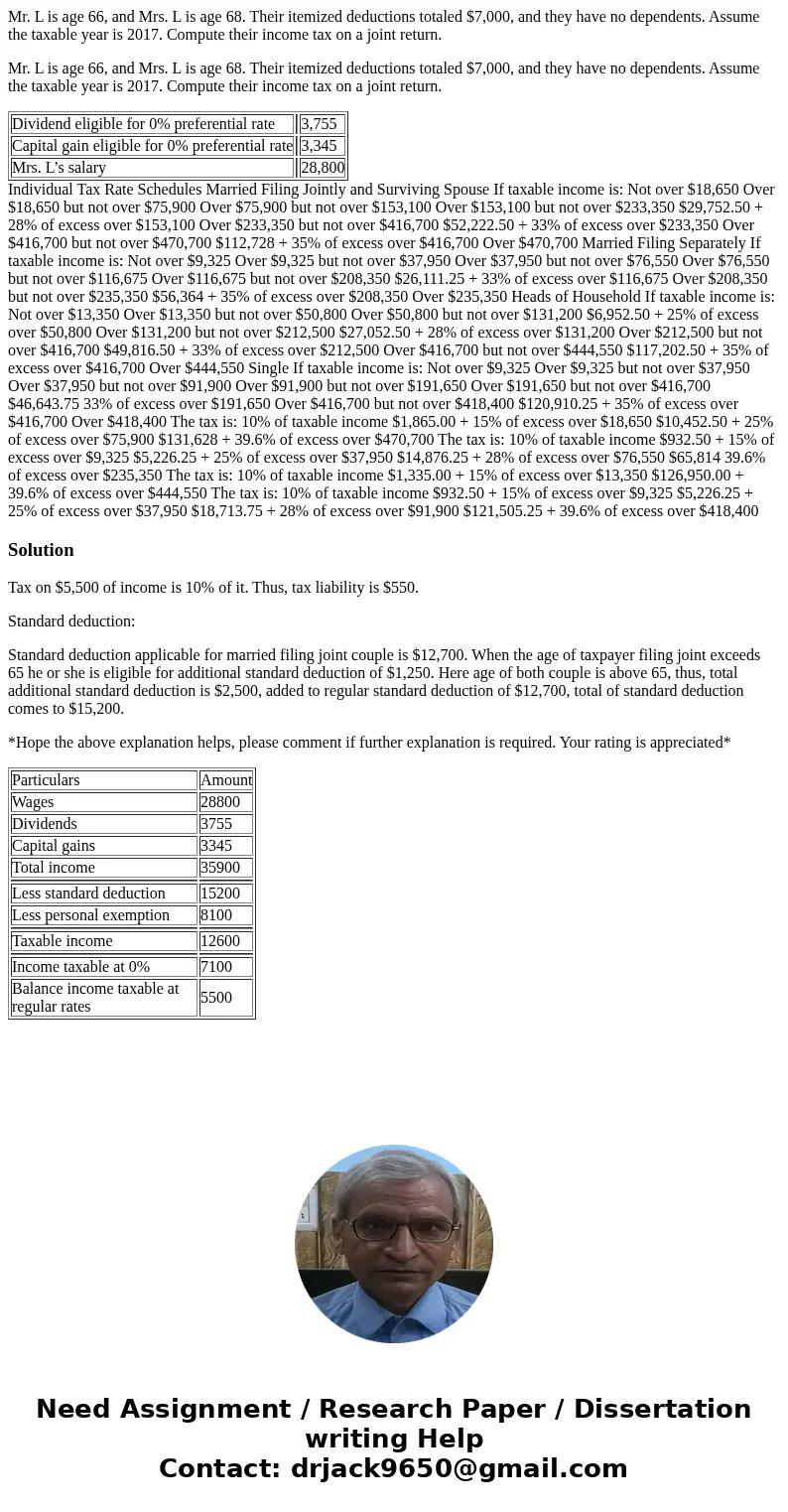 Mr. L is age 66, and Mrs. L is age 68. Their itemized deductions totaled $7,000, and they have no dependents. Assume the taxable year is 2017. Compute their inc
