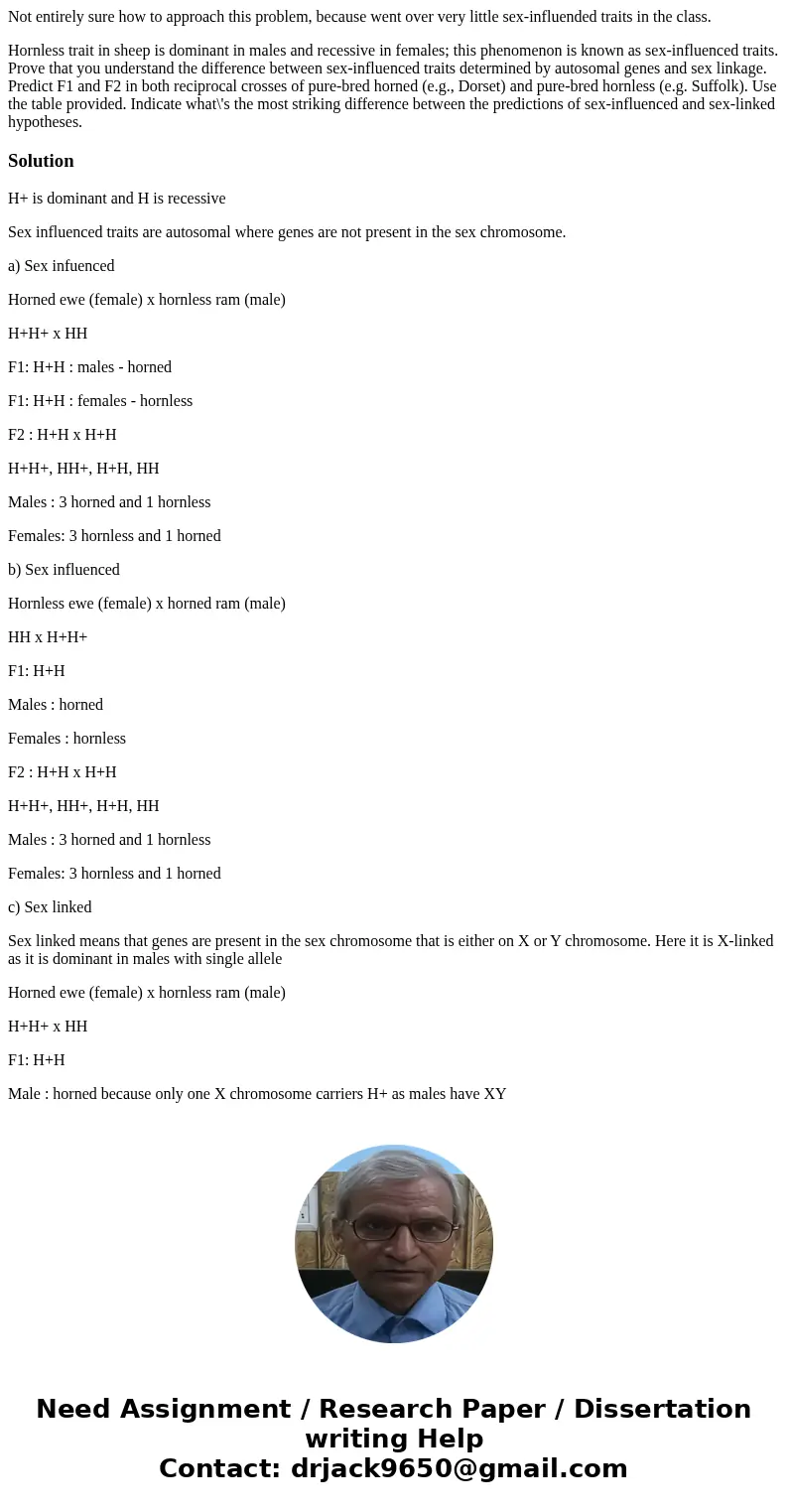 Not entirely sure how to approach this problem, because went over very little sex-influended traits in the class. Hornless trait in sheep is dominant in males a Not entirely sure how to approach this problem, because went over very little sex-influended traits in the class. Hornless trait in sheep is dominant in males a