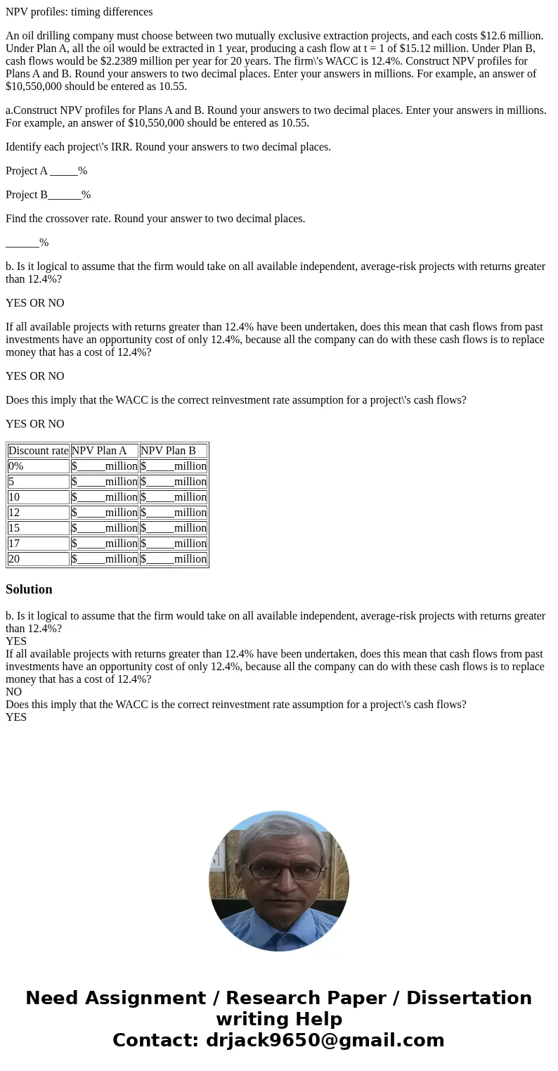 NPV profiles: timing differences An oil drilling company must choose between two mutually exclusive extraction projects, and each costs $12.6 million. Under Pla