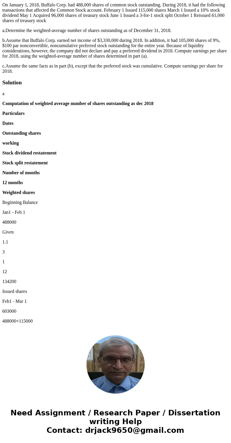 On January 1, 2018, Buffalo Corp. had 488,000 shares of common stock outstanding. During 2018, it had the following transactions that affected the Common Stock 