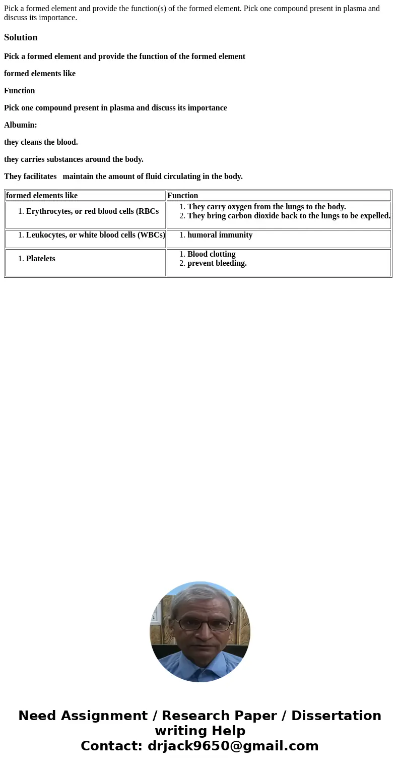 Pick a formed element and provide the function(s) of the formed element. Pick one compound present in plasma and discuss its importance.SolutionPick a formed e  Pick a formed element and provide the function(s) of the formed element. Pick one compound present in plasma and discuss its importance.SolutionPick a formed e