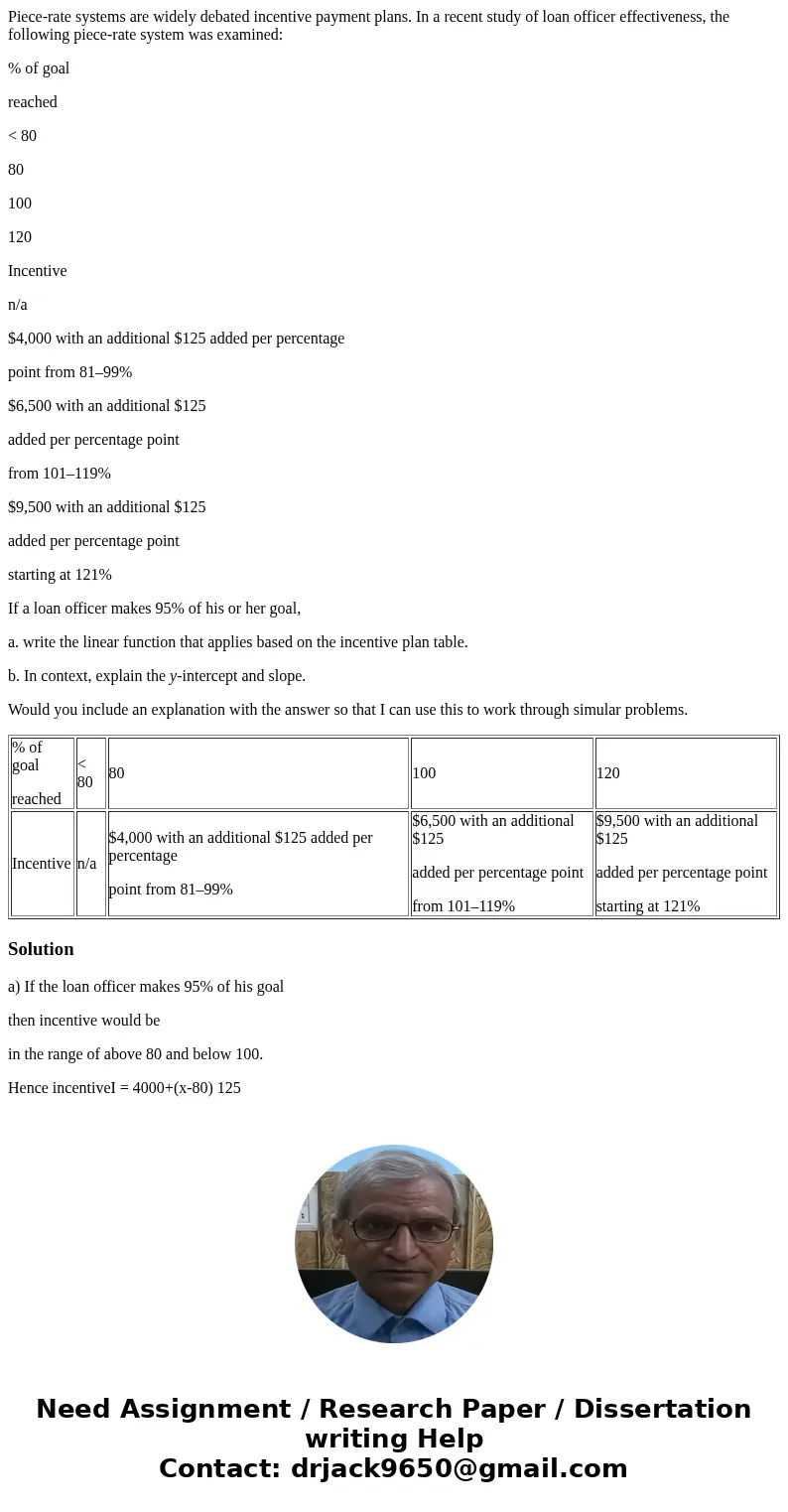 Piece-rate systems are widely debated incentive payment plans. In a recent study of loan officer effectiveness, the following piece-rate system was examined: % 