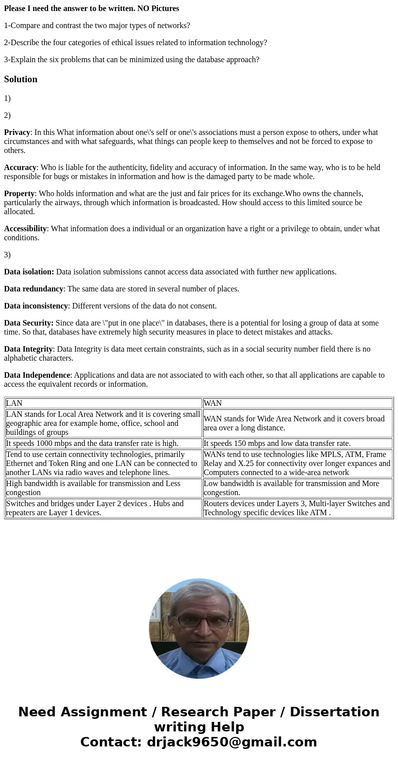 Please I need the answer to be written. NO Pictures 1-Compare and contrast the two major types of networks? 2-Describe the four categories of ethical issues rel Please I need the answer to be written. NO Pictures 1-Compare and contrast the two major types of networks? 2-Describe the four categories of ethical issues rel