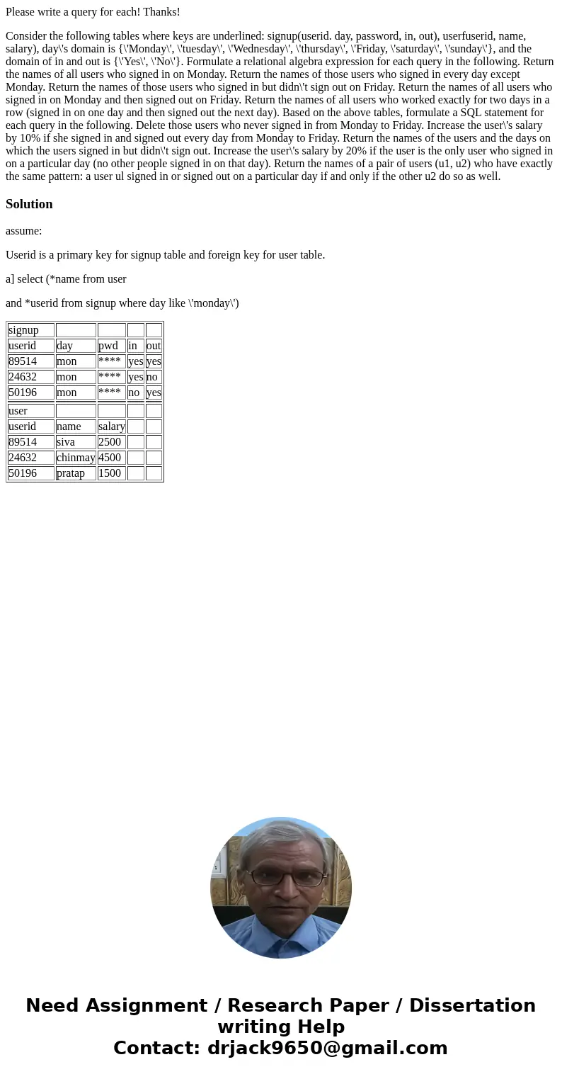 Please write a query for each! Thanks! Consider the following tables where keys are underlined: signup(userid. day, password, in, out), userfuserid, name, salar Please write a query for each! Thanks! Consider the following tables where keys are underlined: signup(userid. day, password, in, out), userfuserid, name, salar