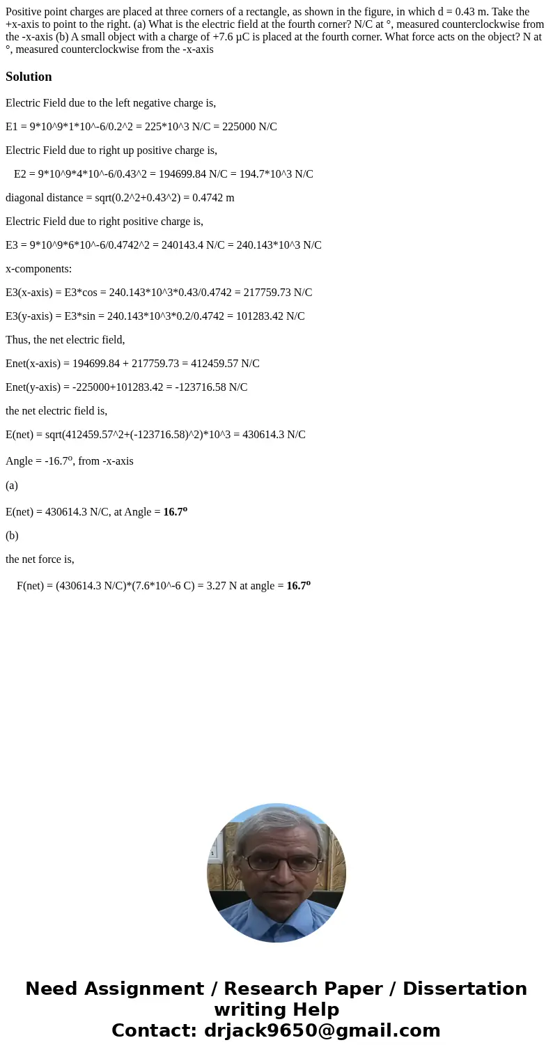 Positive point charges are placed at three corners of a rectangle, as shown in the figure, in which d = 0.43 m. Take the +x-axis to point to the right. (a) What Positive point charges are placed at three corners of a rectangle, as shown in the figure, in which d = 0.43 m. Take the +x-axis to point to the right. (a) What
