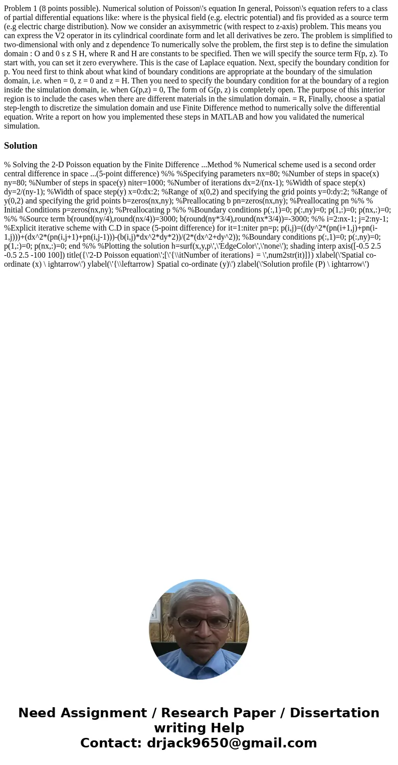  Problem 1 (8 points possible). Numerical solution of Poisson\'s equation In general, Poisson\'s equation refers to a class of partial differential equations li