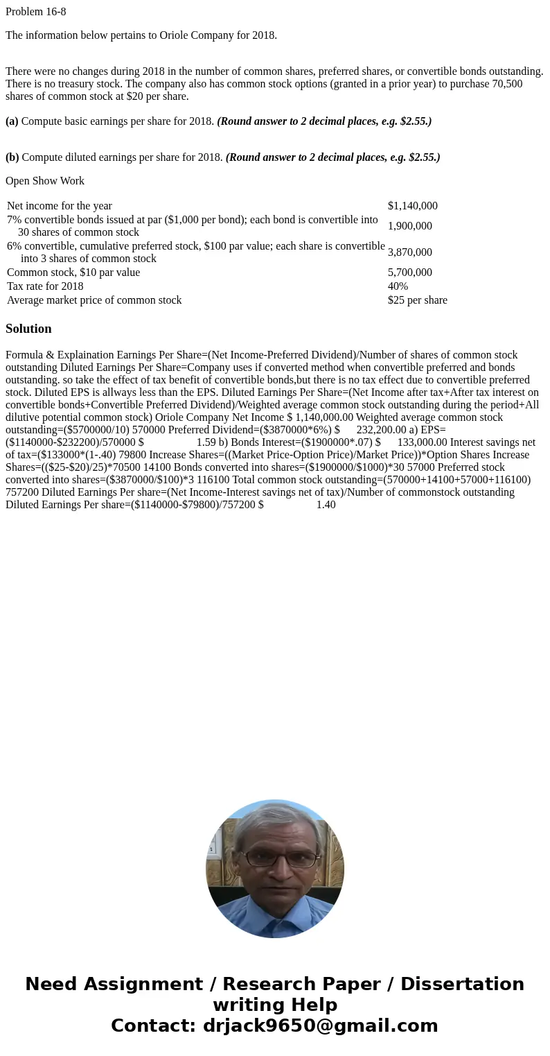 Problem 16-8 The information below pertains to Oriole Company for 2018. There were no changes during 2018 in the number of common shares, preferred shares, or c Problem 16-8 The information below pertains to Oriole Company for 2018. There were no changes during 2018 in the number of common shares, preferred shares, or c