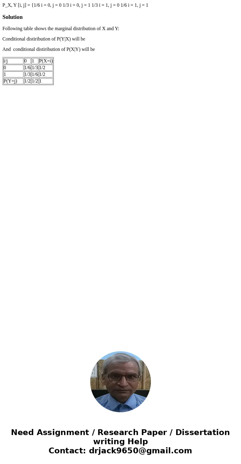  P_X, Y [i, j] = {1/6 i = 0, j = 0 1/3 i = 0, j = 1 1/3 i = 1, j = 0 1/6 i = 1, j = 1 SolutionFollowing table shows the marginal distribution of X and Y: Condit