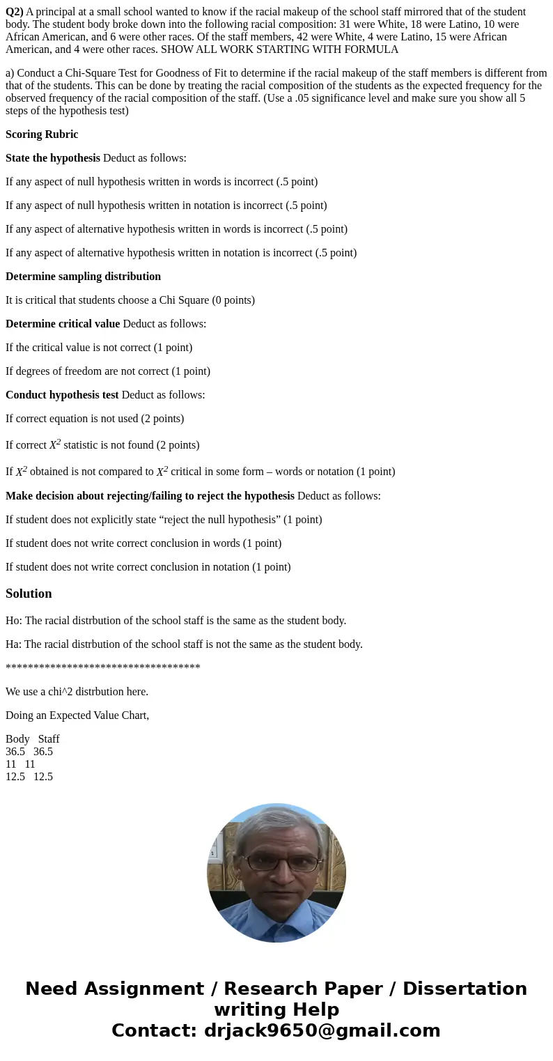 Q2) A principal at a small school wanted to know if the racial makeup of the school staff mirrored that of the student body. The student body broke down into th Q2) A principal at a small school wanted to know if the racial makeup of the school staff mirrored that of the student body. The student body broke down into th