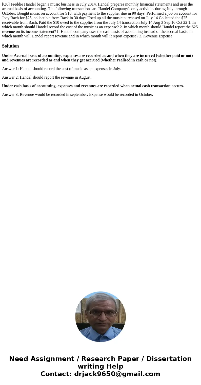 [Q6] Freddie Handel began a music business in July 2014. Handel prepares monthly financial statements and uses the accrual basis of accounting. The following t
