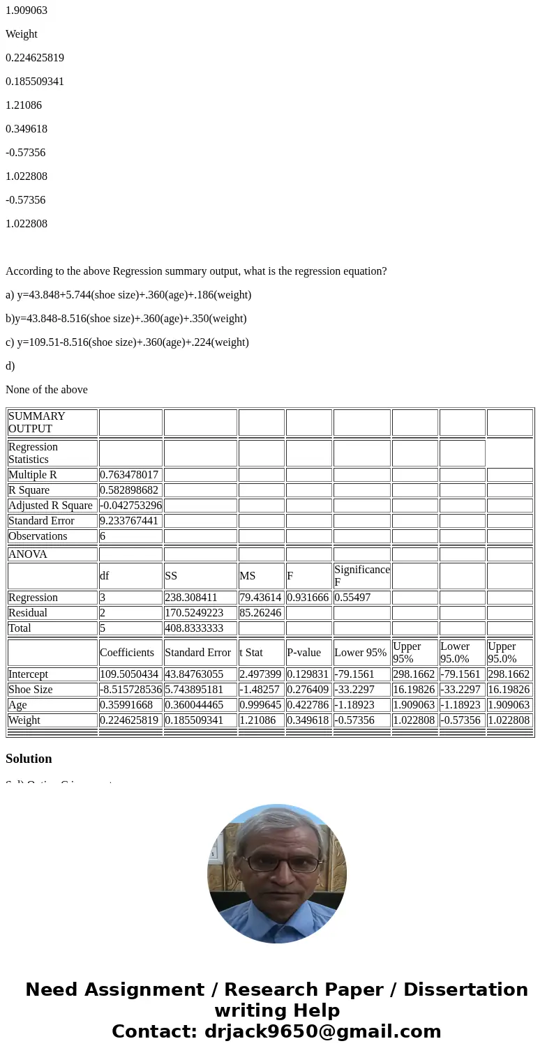 Question 10 SUMMARY OUTPUT Regression Statistics Multiple R 0.763478017 R Square 0.582898682 Adjusted R Square -0.042753296 Standard Error 9.233767441 Observati