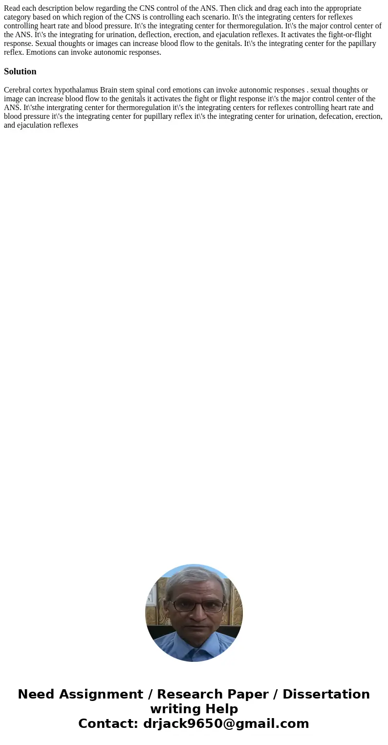  Read each description below regarding the CNS control of the ANS. Then click and drag each into the appropriate category based on which region of the CNS is co