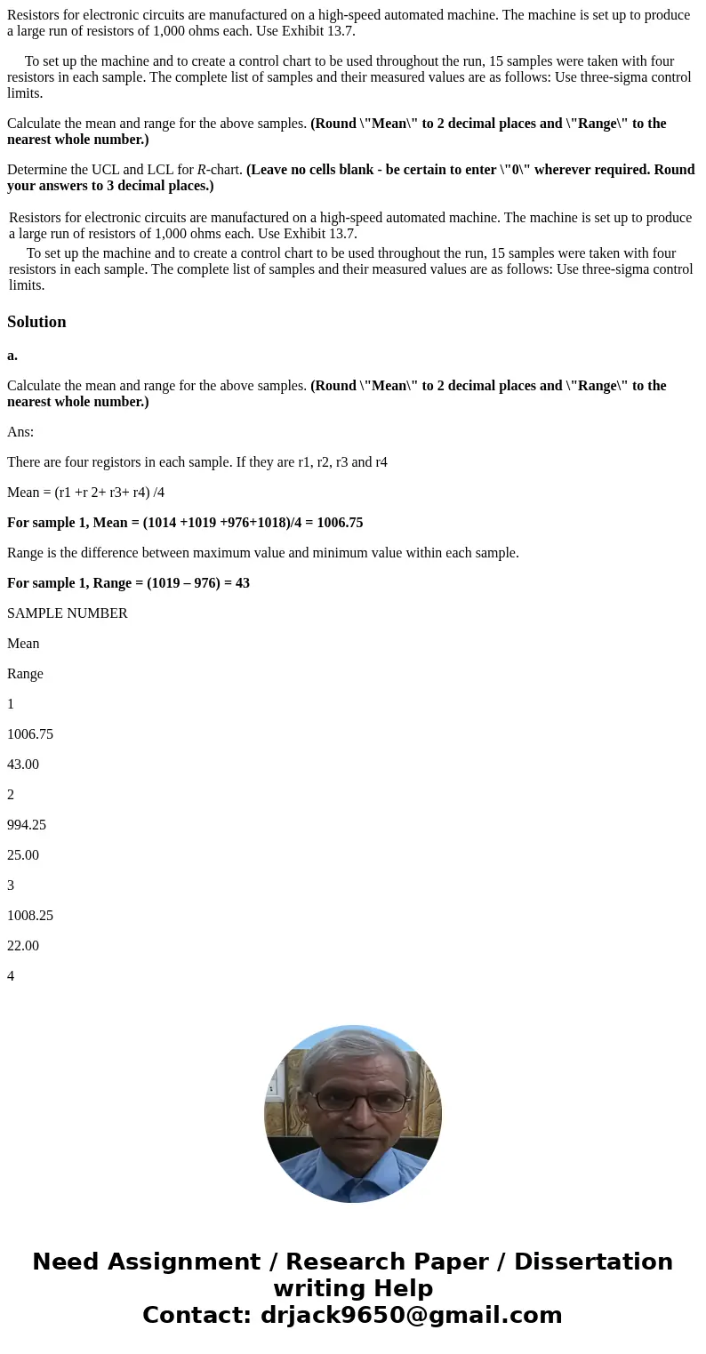 Resistors for electronic circuits are manufactured on a high-speed automated machine. The machine is set up to produce a large run of resistors of 1,000 ohms ea Resistors for electronic circuits are manufactured on a high-speed automated machine. The machine is set up to produce a large run of resistors of 1,000 ohms ea