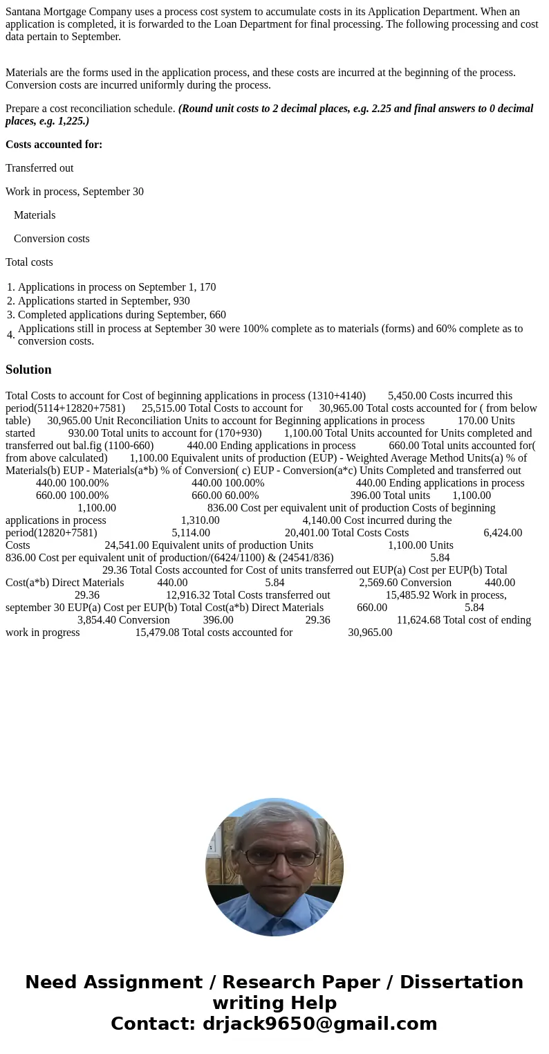 Santana Mortgage Company uses a process cost system to accumulate costs in its Application Department. When an application is completed, it is forwarded to the  Santana Mortgage Company uses a process cost system to accumulate costs in its Application Department. When an application is completed, it is forwarded to the