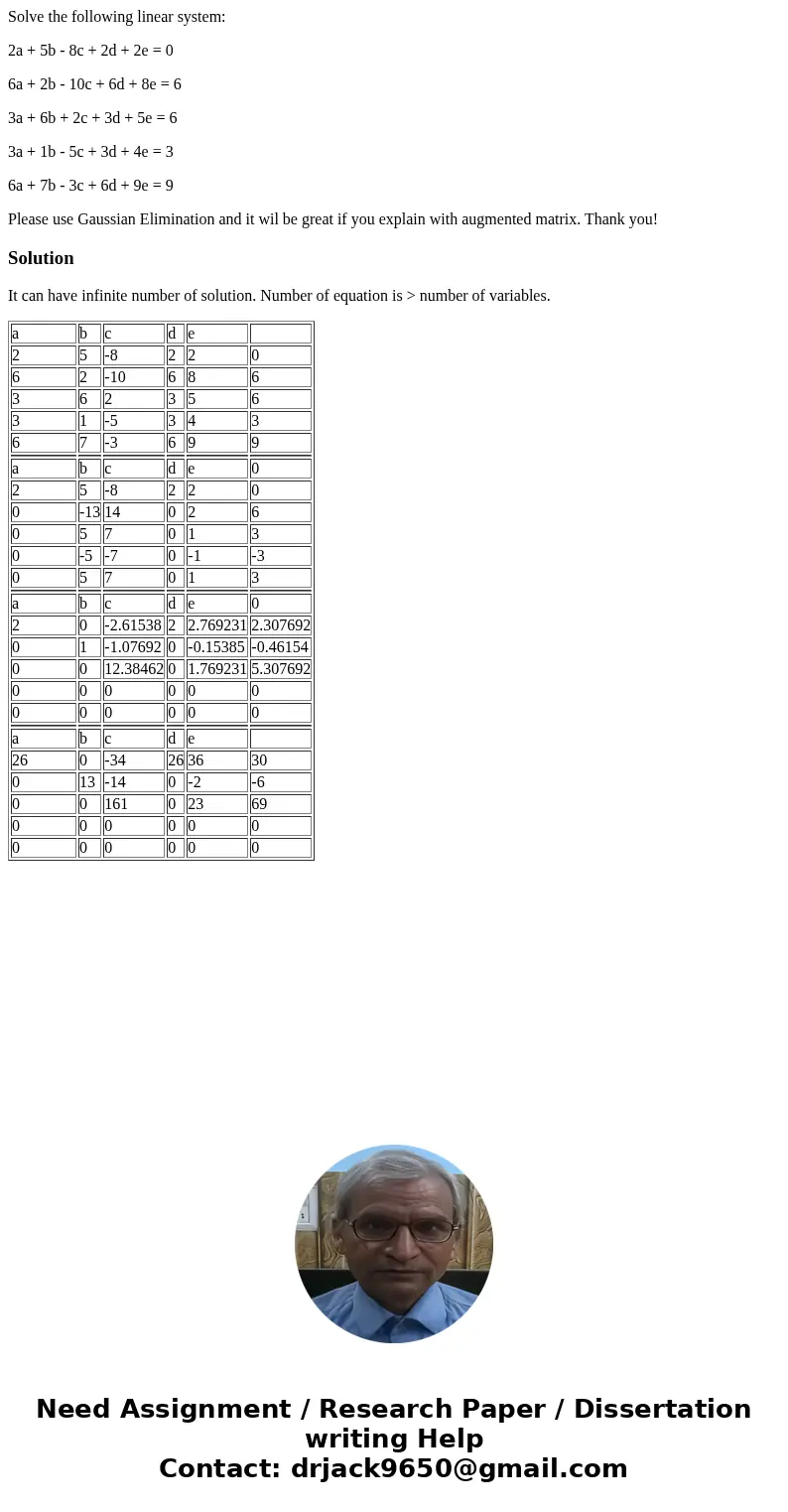 Solve the following linear system: 2a + 5b - 8c + 2d + 2e = 0 6a + 2b - 10c + 6d + 8e = 6 3a + 6b + 2c + 3d + 5e = 6 3a + 1b - 5c + 3d + 4e = 3 6a + 7b - 3c + 6 Solve the following linear system: 2a + 5b - 8c + 2d + 2e = 0 6a + 2b - 10c + 6d + 8e = 6 3a + 6b + 2c + 3d + 5e = 6 3a + 1b - 5c + 3d + 4e = 3 6a + 7b - 3c + 6