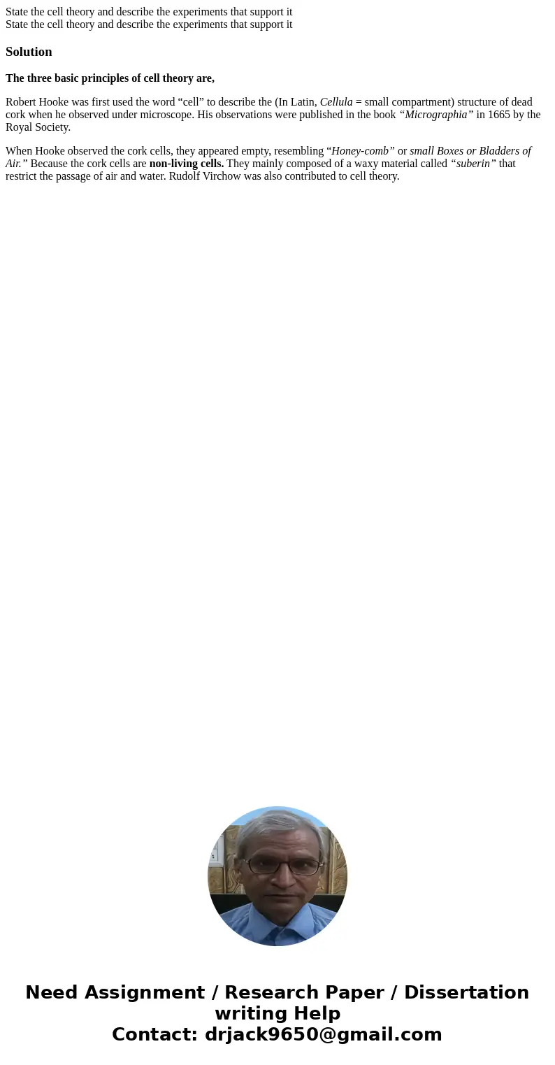 State the cell theory and describe the experiments that support it State the cell theory and describe the experiments that support itSolutionThe three basic pr  State the cell theory and describe the experiments that support it State the cell theory and describe the experiments that support itSolutionThe three basic pr