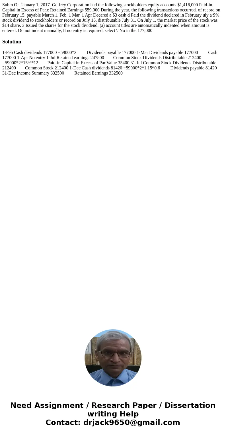 Subm On January 1, 2017. Geffrey Corporation had the following stockholders equity accounts $1,416,000 Paid-in Capital in Excess of Par.c Retained Earnings 559  Subm On January 1, 2017. Geffrey Corporation had the following stockholders equity accounts $1,416,000 Paid-in Capital in Excess of Par.c Retained Earnings 559