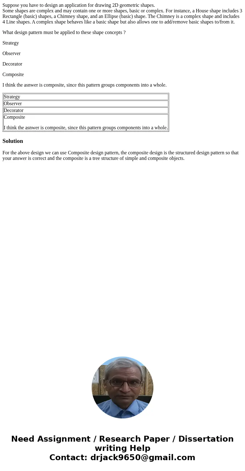 Suppose you have to design an application for drawing 2D geometric shapes. Some shapes are complex and may contain one or more shapes, basic or complex. For ins Suppose you have to design an application for drawing 2D geometric shapes. Some shapes are complex and may contain one or more shapes, basic or complex. For ins