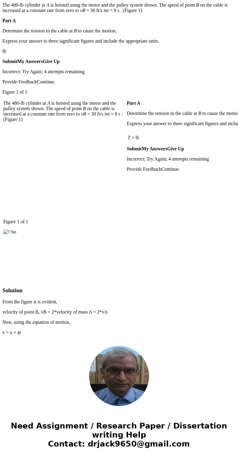 The 480-lb cylinder at A is hoisted using the motor and the pulley system shown. The speed of point B on the cable is increased at a constant rate from zero to 