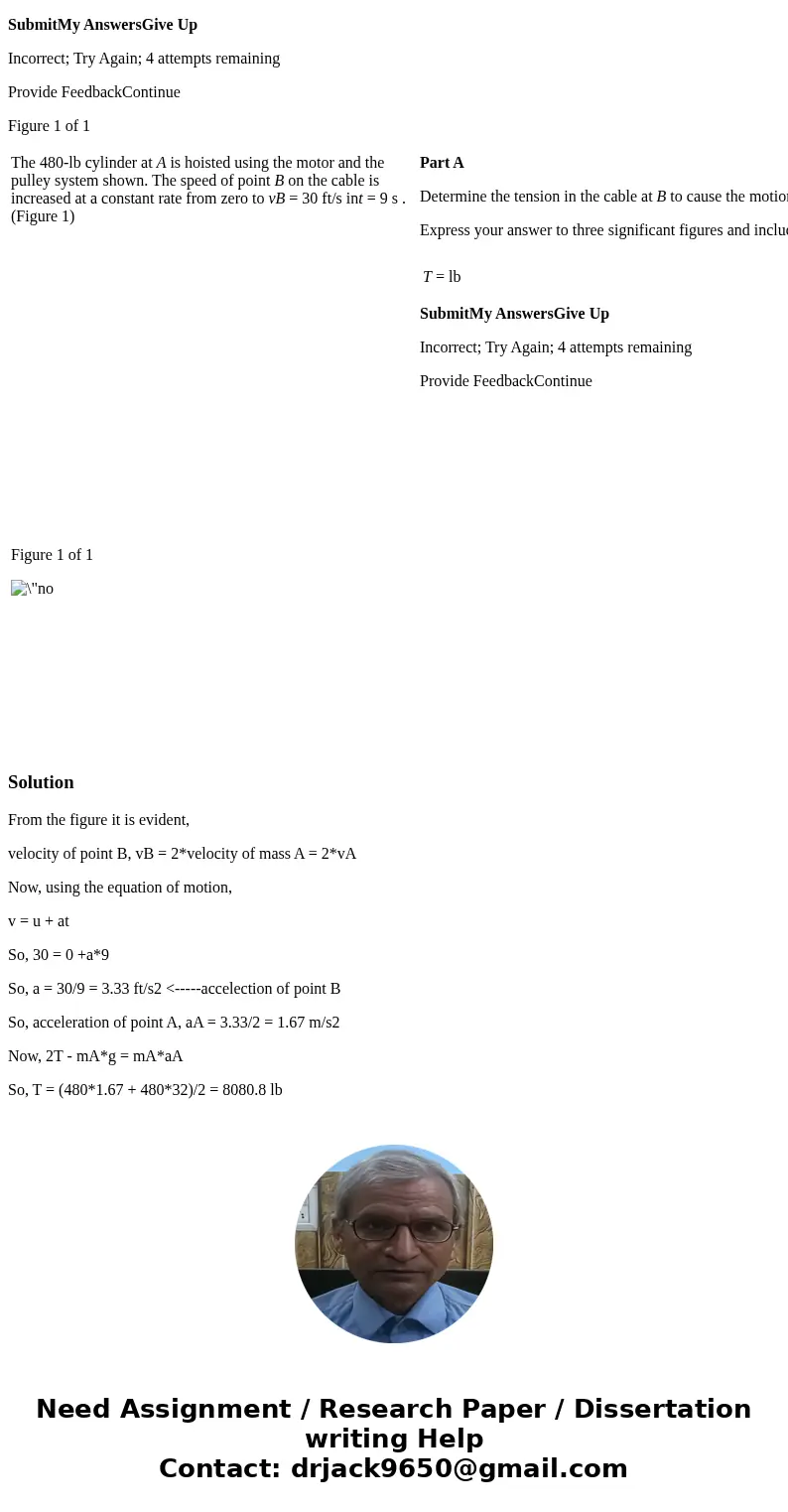 The 480-lb cylinder at A is hoisted using the motor and the pulley system shown. The speed of point B on the cable is increased at a constant rate from zero to 