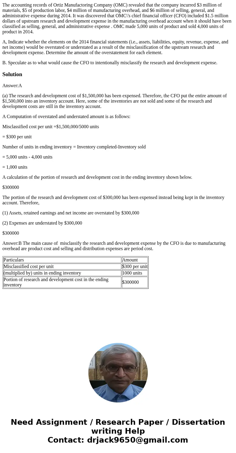 The accounting records of Ortiz Manufactoring Company (OMC) revealed that the company incurred $3 million of materials, $5 of production labor, $4 million of ma The accounting records of Ortiz Manufactoring Company (OMC) revealed that the company incurred $3 million of materials, $5 of production labor, $4 million of ma