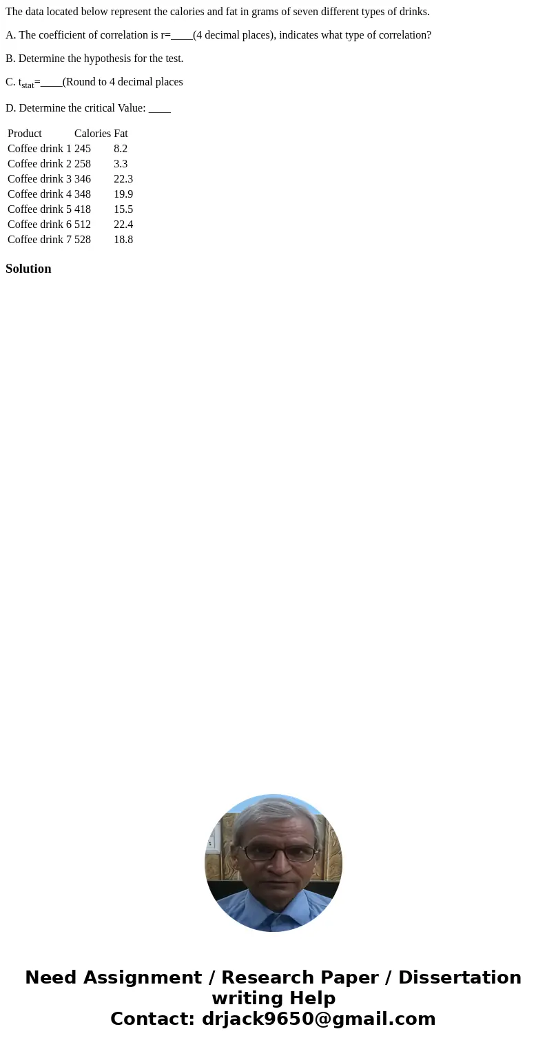 The data located below represent the calories and fat in grams of seven different types of drinks. A. The coefficient of correlation is r=____(4 decimal places) The data located below represent the calories and fat in grams of seven different types of drinks. A. The coefficient of correlation is r=____(4 decimal places)