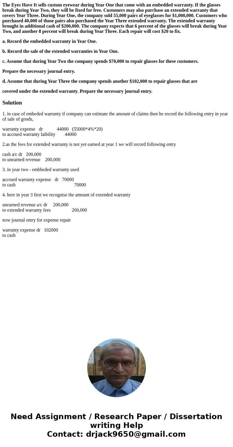The Eyes Have It sells custom eyewear during Year One that come with an embedded warranty. If the glasses break during Year Two, they will be fixed for free. Cu The Eyes Have It sells custom eyewear during Year One that come with an embedded warranty. If the glasses break during Year Two, they will be fixed for free. Cu