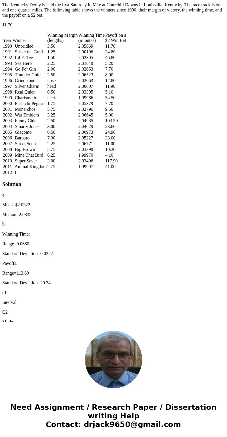 The Kentucky Derby is held the first Saturday in May at Churchill Downs in Louisville, Kentucky. The race track is one and one-quarter miles. The following tabl The Kentucky Derby is held the first Saturday in May at Churchill Downs in Louisville, Kentucky. The race track is one and one-quarter miles. The following tabl