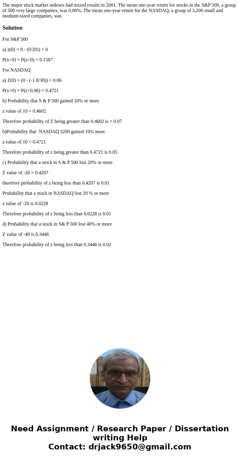 The major stock market indexes had mixed results in 2001. The mean one-year return for stocks in the S&P 500, a group of 500 very large companies, was 0.00% The major stock market indexes had mixed results in 2001. The mean one-year return for stocks in the S&P 500, a group of 500 very large companies, was 0.00%