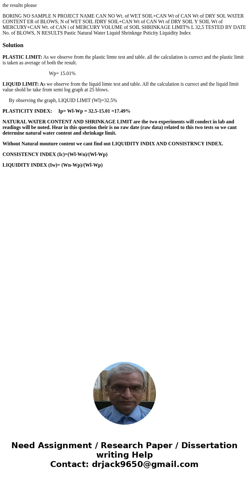 the results please BORING NO SAMPLE N PROJECT NAME CAN NO Wt. of WET SOIL+CAN Wt of CAN Wt of DRY SOL WATER CONTENT ER of BLOWS, N of WET SOIL fDRY SOIL+CAN Wt  the results please BORING NO SAMPLE N PROJECT NAME CAN NO Wt. of WET SOIL+CAN Wt of CAN Wt of DRY SOL WATER CONTENT ER of BLOWS, N of WET SOIL fDRY SOIL+CAN Wt