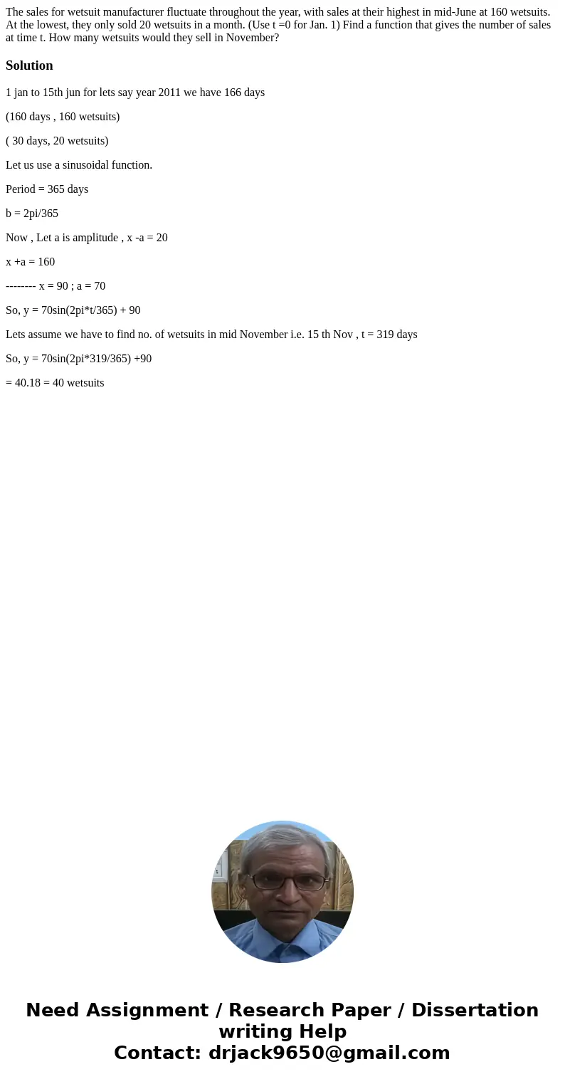  The sales for wetsuit manufacturer fluctuate throughout the year, with sales at their highest in mid-June at 160 wetsuits. At the lowest, they only sold 20 wet